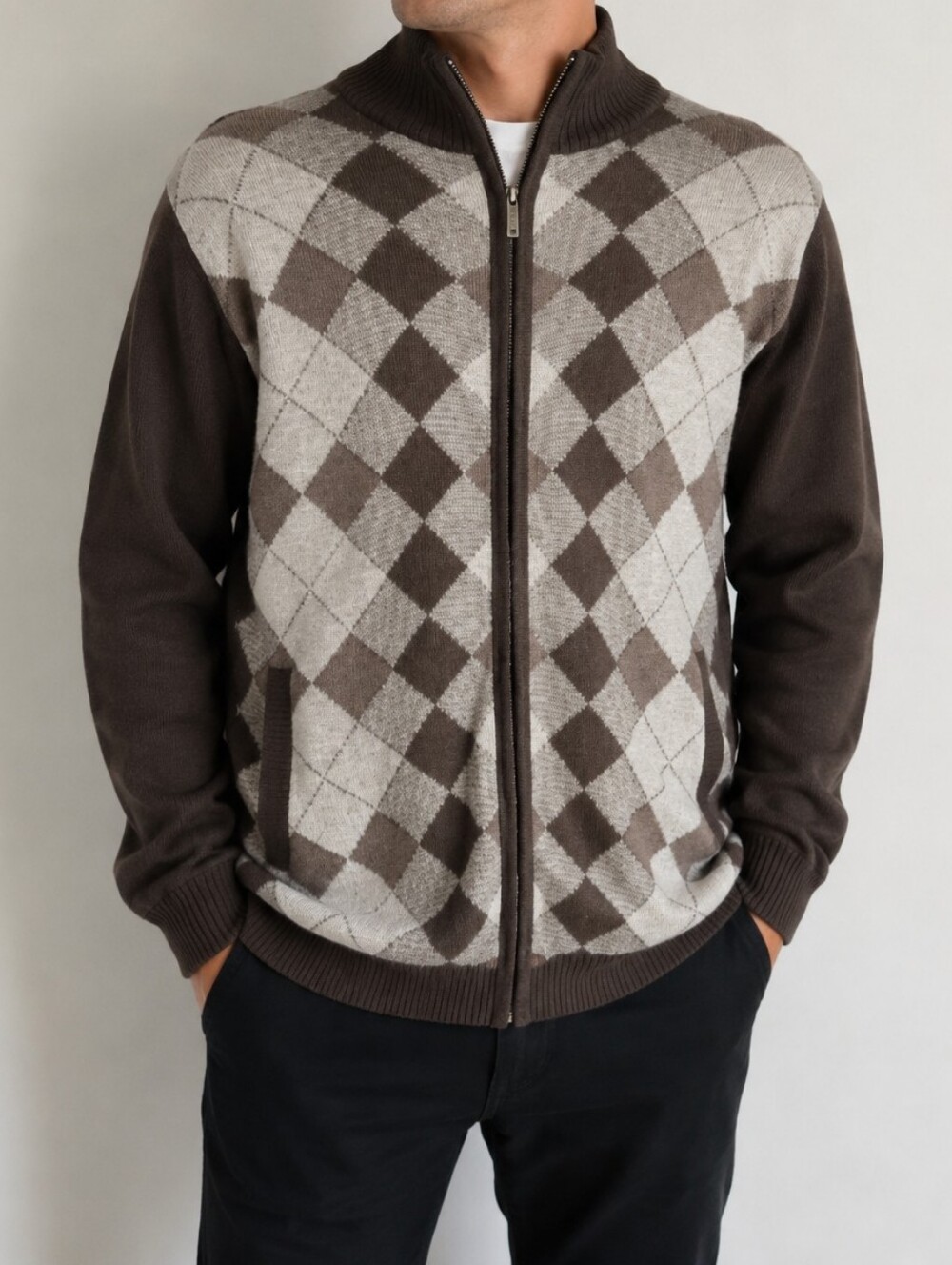 Size L Pierre Cardin Brown Argyle Zip-Front Men's Sweater